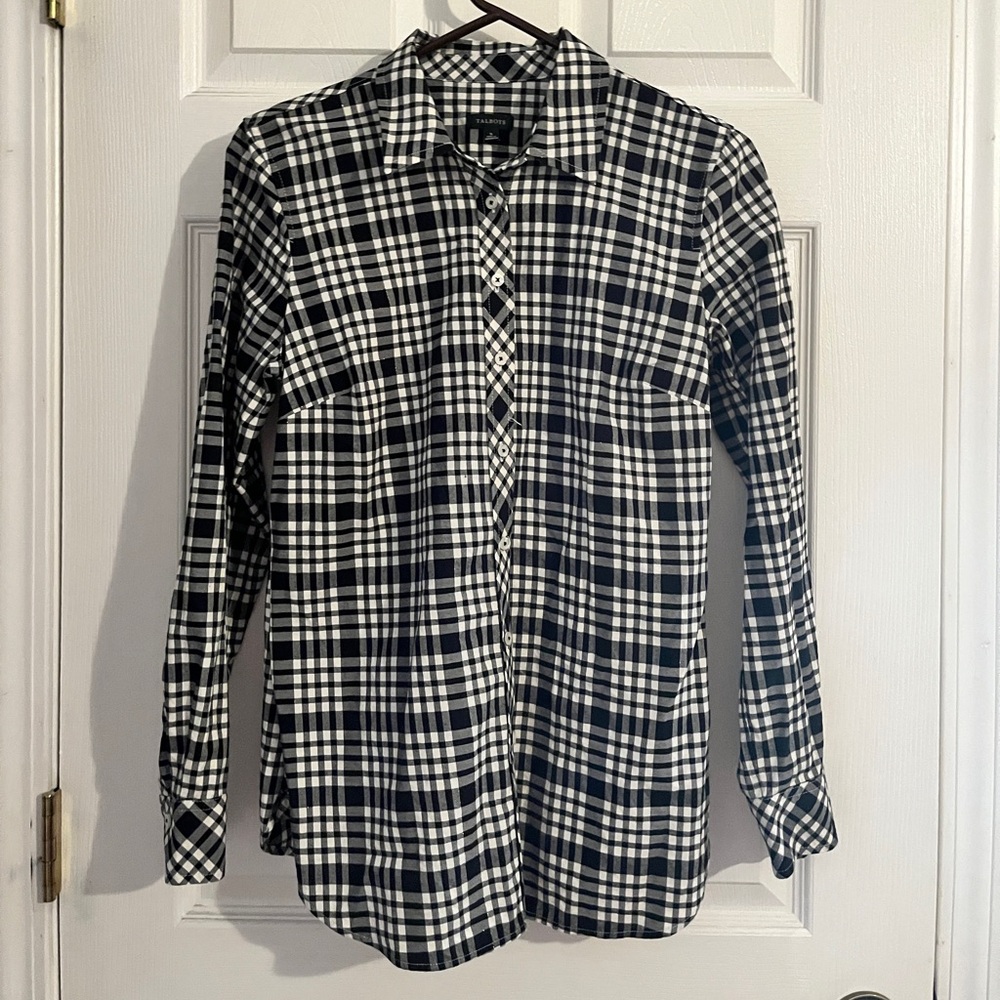 Talbots Black & White Plaid Button Front Shirt Women’s Small Classic Tailored